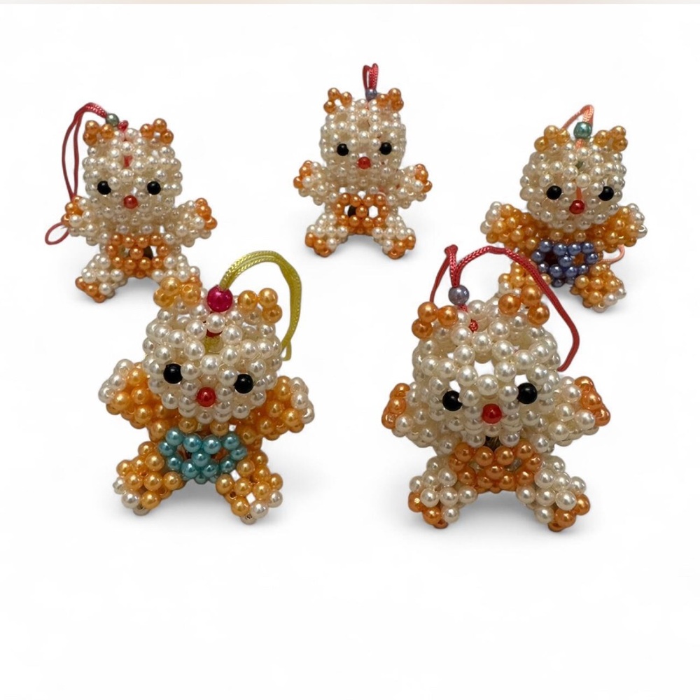 3D Handmade Beaded Bear Ornaments – Orange/Gold – Set of 5